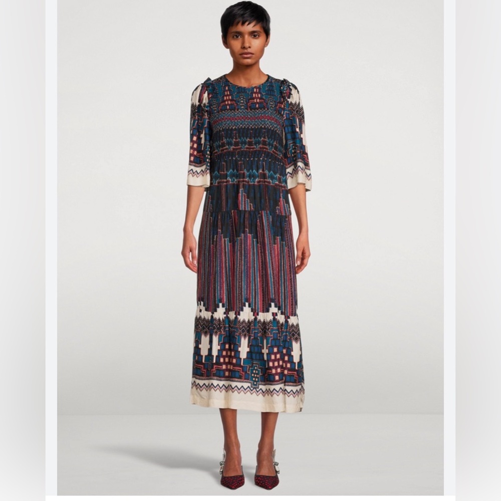 ba&sh Printed Midi Dress  Mandie Smocked Geometric Print Boho 70s Inspired